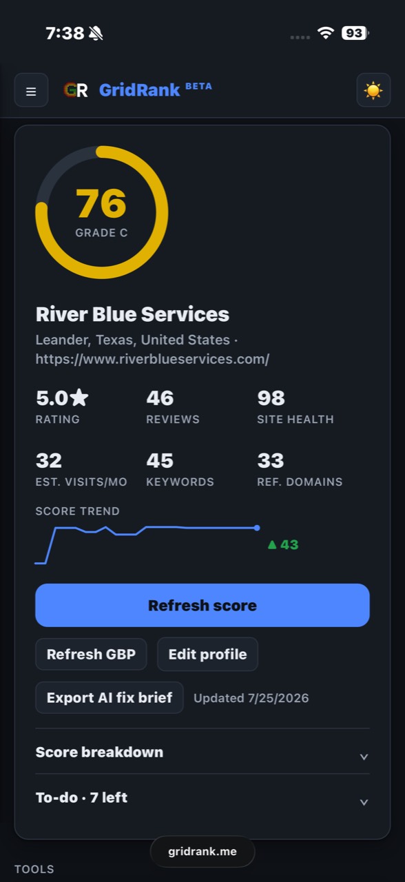 GridRank dashboard on iPhone